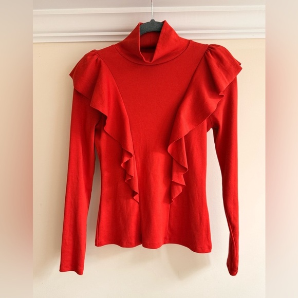 VERONICA BEARD Freida ruffled stretch-Pima cotton-jersey turtleneck top Sz XS - Picture 5 of 8